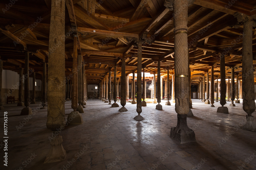 Hall with wooden columns in Juma Mosque, Khiva