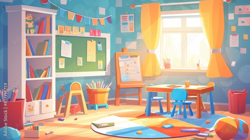 Toy set for preschool playroom design. Montessori indoor educational activity with board, table, pencil, and bucket for daycare or baby nursery.