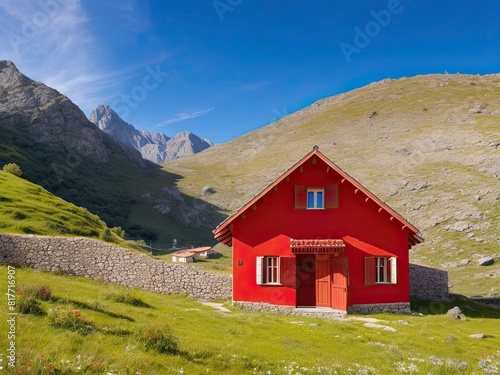 Preciosa house típica del norte de Europa en un paisaje aislado, casa roja aislada en la montaña