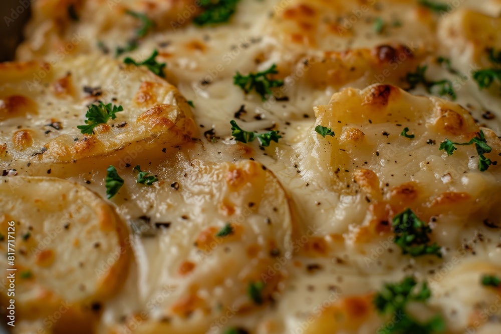 Top view of homemade scalloped potatoes with cheese and parsley close up Top view of homemade scalloped potatoes with cheese and parsley close up