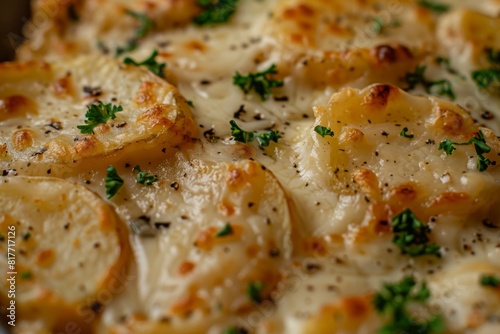 Top view of homemade scalloped potatoes with cheese and parsley close up