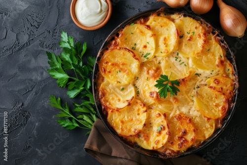 Top view of homemade scalloped potatoes with cheese and parsley photo