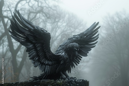 A black bird with its wings spread out is perched on a stone ledge
