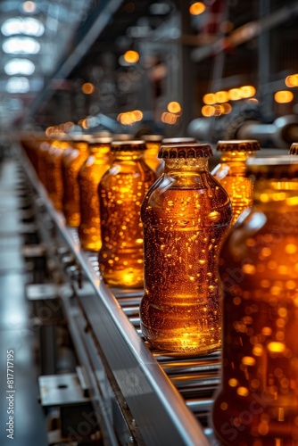 Selective focus of glass bottles with beer at factory  conveyor line