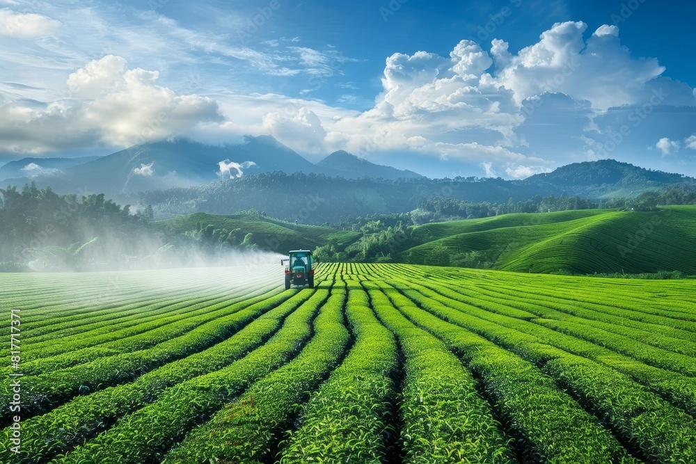 Tractor fertilizing green tea fields on hi tech farm Tractor fertilizing green tea fields on hi tech farm