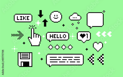 A set of pixels elements. Y2k trendy stickers. Mood of 90's aesthetics. 8-bit retro style vector illustration. Neon background. Trendy geometric brutalism UI. Simple form, arrow, symbol, icon