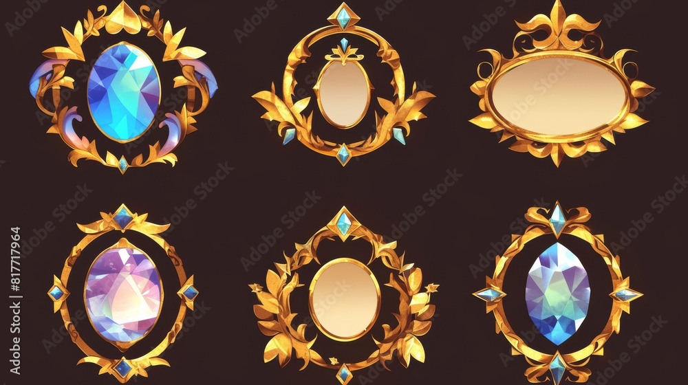 Frame for game avatar. Fantasy UI rank border badge icon. Gold level achievement rings. Black and gold interface asset for role-playing game character awards. Frame for game avatar. Fantasy UI rank border badge icon. Gold level achievement rings. Black and gold interface asset for role-playing game character awards.