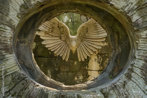A bird is flying through a hole in a stone wall photo