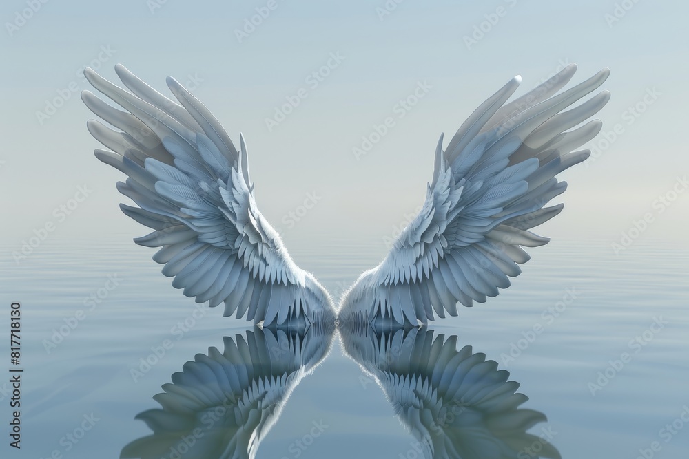 Fototapeta premium The wings of a white bird are reflected in the water