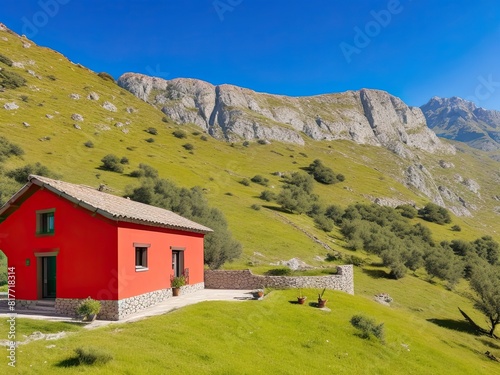 Preciosa house típica del norte de Europa en un paisaje aislado, casa roja aislada en la montaña