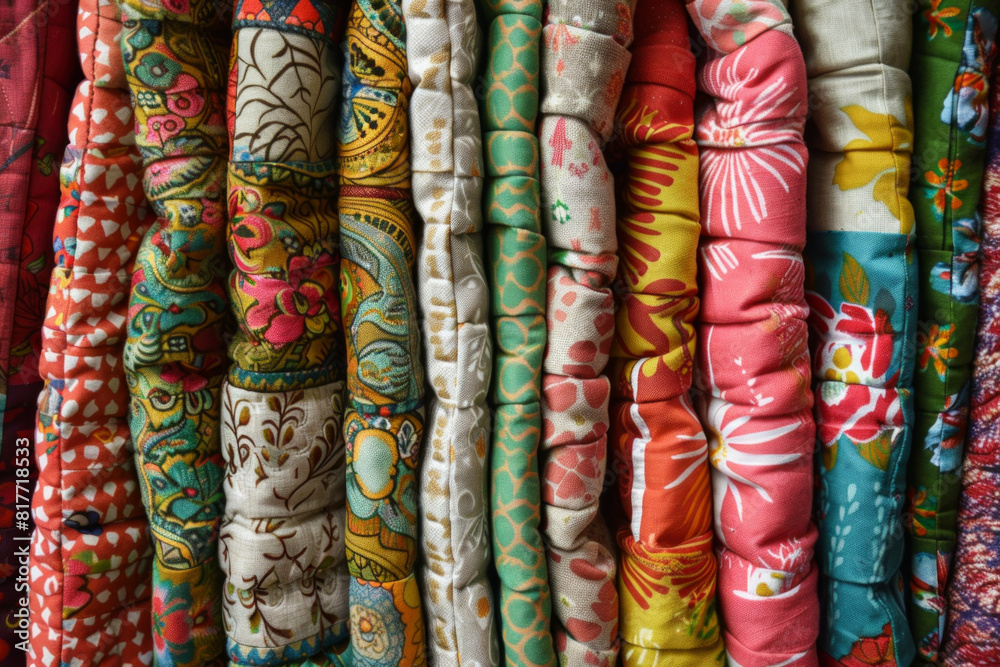 A stack of colorful quilts, with different fabric patterns and textures. A stack of colorful quilts, with different fabric patterns and textures.