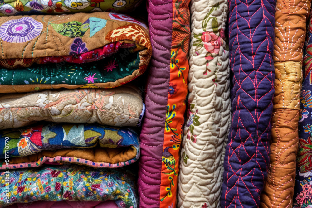 A stack of colorful quilts, with different fabric patterns and textures. A stack of colorful quilts, with different fabric patterns and textures.