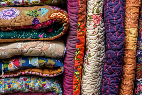 A stack of colorful quilts, with different fabric patterns and textures.