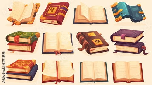 This cartoon illustration set features old magic books with old parchment paper and fantastic hardcovers. This set is perfect for UI design in games.