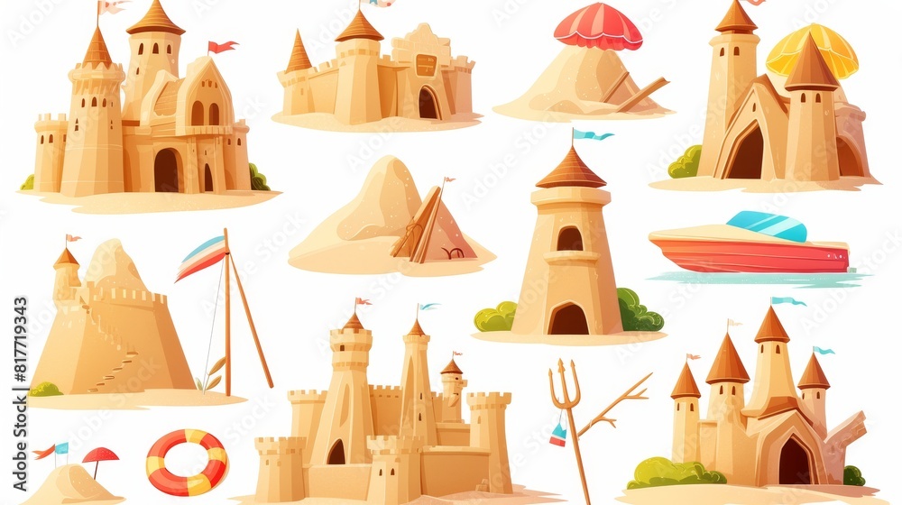 Set of beach sculptures in shape of medieval fortresses with towers. Modern cartoon illustration of childhood fun, fairytale architecture, resort design elements. Set of beach sculptures in shape of medieval fortresses with towers. Modern cartoon illustration of childhood fun, fairytale architecture, resort design elements.