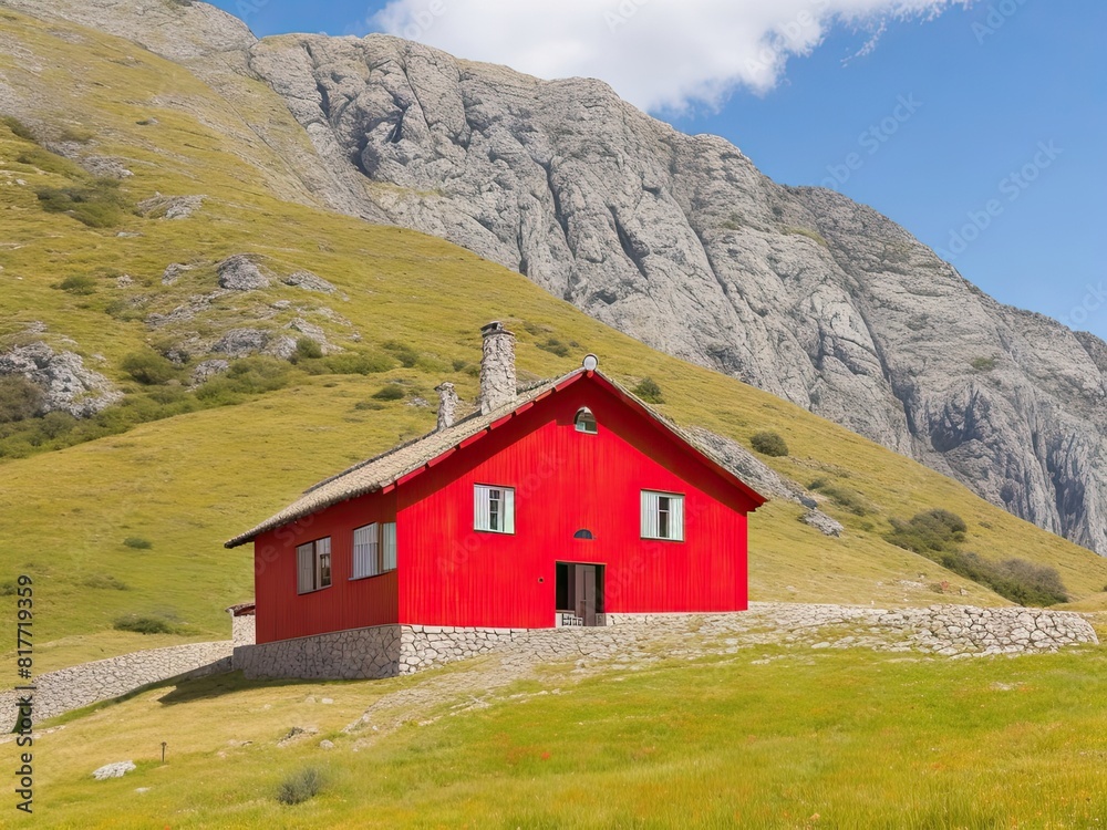 Preciosa house típica del norte de Europa en un paisaje aislado, casa roja aislada en la montaña Preciosa house típica del norte de Europa en un paisaje aislado, casa roja aislada en la montaña