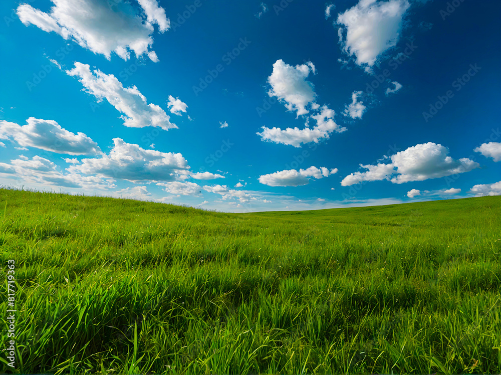 Obraz premium Blue sky over green grassy meadow