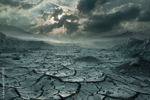 A desolate  rocky landscape with a cloudy sky