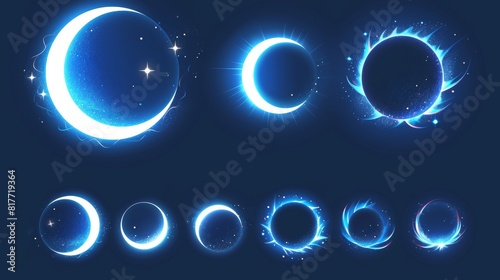 An illustration set depicting the stages of eclipse of the sun by the moon. The highlighted crescent and ring represent different stages of the stellar corona. Within the circle there are neon glow