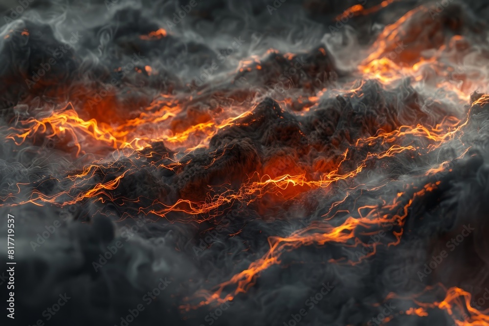 A fiery ocean with a volcano in the background A fiery ocean with a volcano in the background
