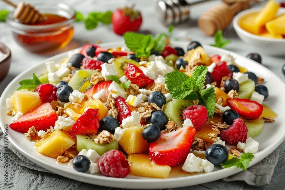 Vegan breakfast salad with fruit granola feta and honey on a white plate