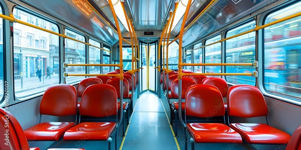 Fototapeta premium Interior of empty bus with red seats and yellow railings. Concept Transportation, Bus Interior, Red Seats, Yellow Railings, Empty Space