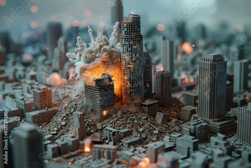 A city is destroyed by a bomb  with buildings in the background