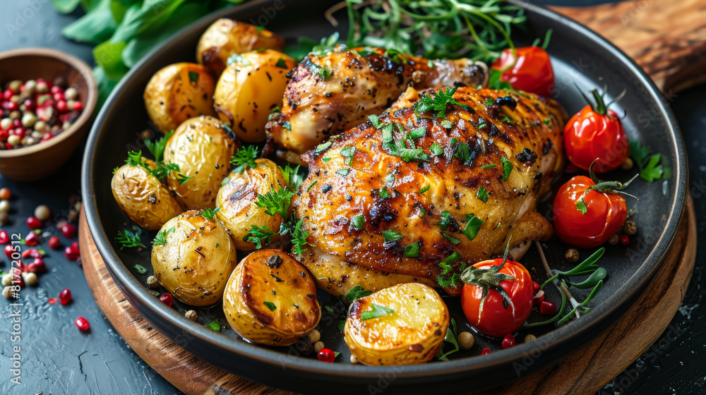 Hot juicy chicken with potatoes on a dark plate. Fried chicken with baked potatoes on a countertop in the kitchen. Hot food concept. Hot juicy chicken with potatoes on a dark plate. Fried chicken with baked potatoes on a countertop in the kitchen. Hot food concept.