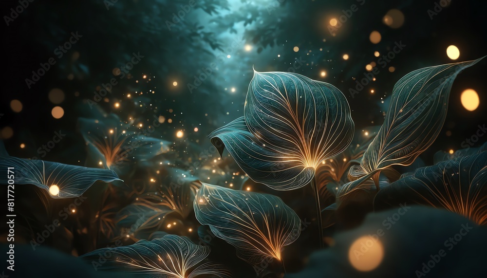 Fototapeta premium An abstract background image of Canna leaves with magical lights in a forest