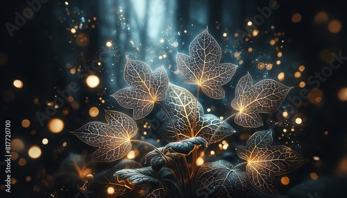 An abstract background image of Lungwort leaves with magical lights in a forest photo