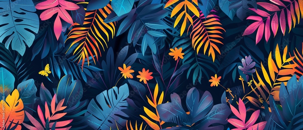 Colourful jungle scene in a minimalist style, transformed into a graphic print for textiles, featuring doodlelike forms and subtle ornaments 8K , high-resolution, ultra HD,up32K HD