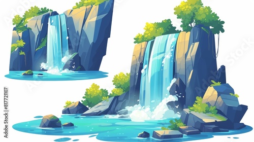 Clipart of waterfall cascade stream and rock. Tropical torrent for fantasy summer scene. Paradise coastal nature and cliff asset collection.