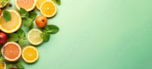 A green background with a variety of citrus fruits including oranges