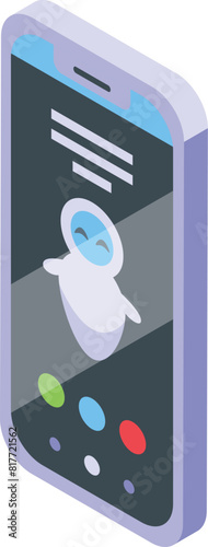 Colorful isometric illustration depicting a mobile phone with a chatbot symbol on its screen