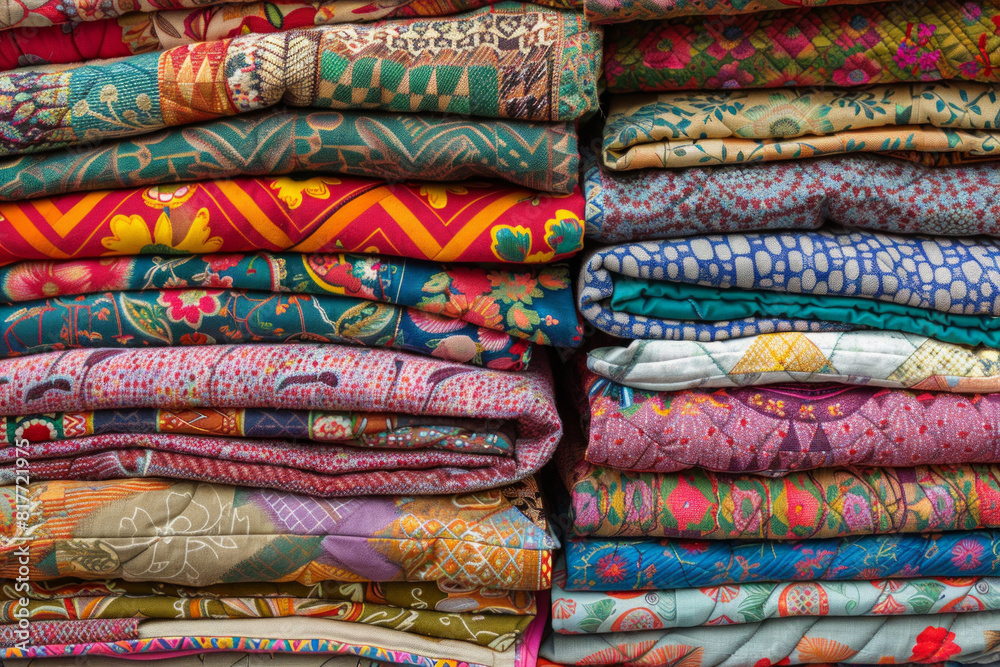 A stack of colorful quilts, with different fabric patterns and textures. A stack of colorful quilts, with different fabric patterns and textures.
