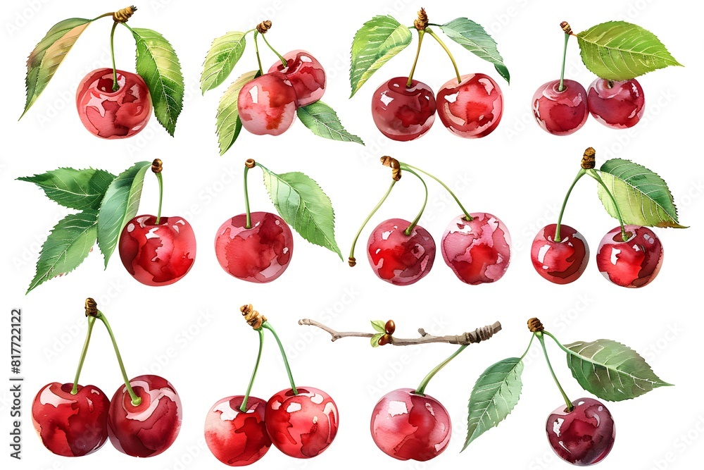 A close up of a bunch of cherries with leaves on a white background A close up of a bunch of cherries with leaves on a white background
