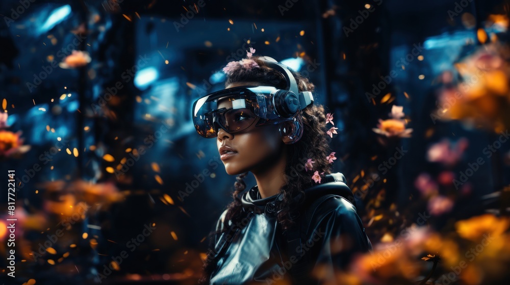 Fototapeta premium Futuristic Woman in Virtual Reality Headset Surrounded by Vibrant Digital Flowers