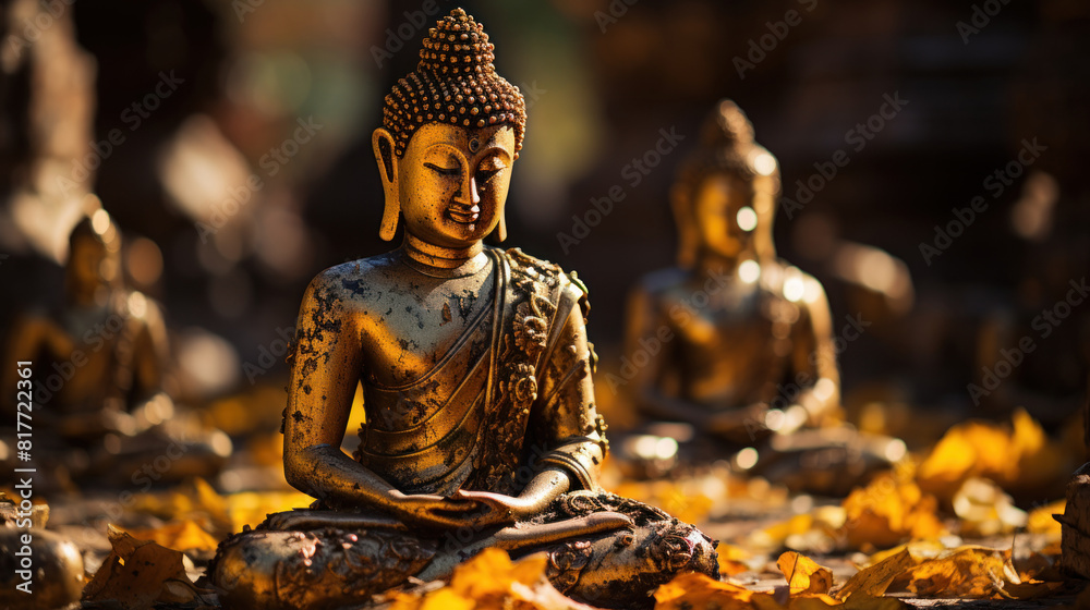 Golden Buddha Statue Surrounded by Autumn Leaves in Thailand