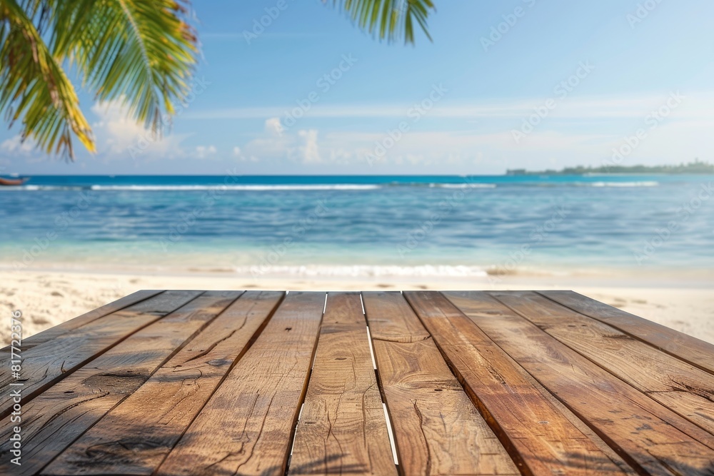 Wooden table with ocean view vacation resort backdrop travel theme