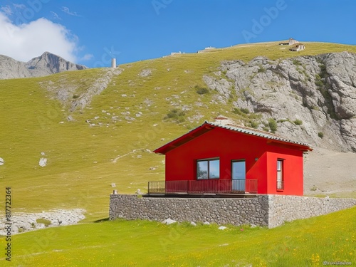 Preciosa house típica del norte de Europa en un paisaje aislado, casa roja aislada en la montaña