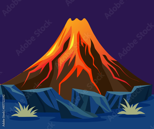 volcano with hot burning lava flow
