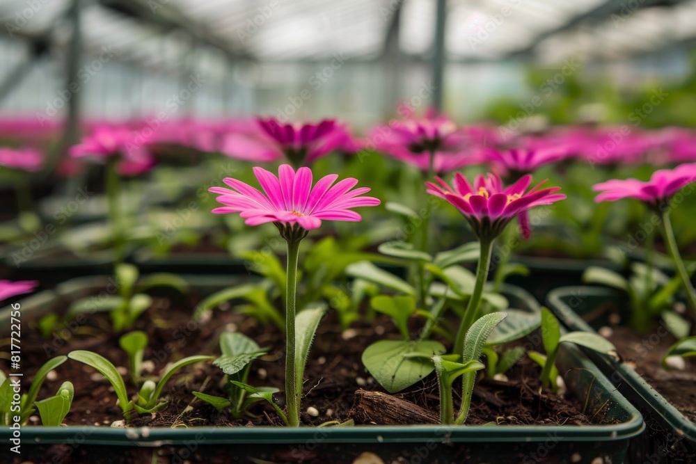 Young flowers growing in greenhouse