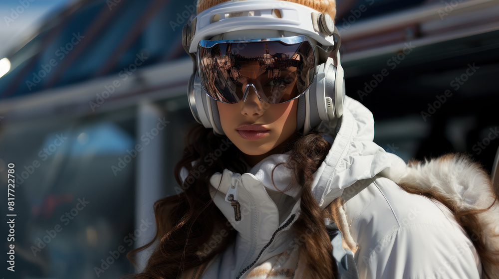 Close-Up of Young Woman in Ski Gear with Reflective Goggles and Headphones Close-Up of Young Woman in Ski Gear with Reflective Goggles and Headphones
