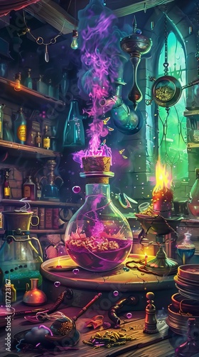 An alchemist's laboratory filled with potions, magical artifacts, and strange ingredients. A witch is brewing a potion. photo