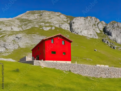 Preciosa house típica del norte de Europa en un paisaje aislado, casa roja aislada en la montaña