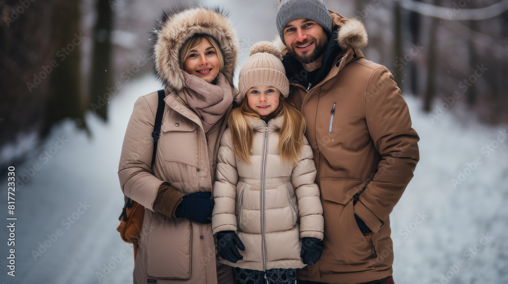 Happy Family of Three Enjoying Winter Walk in Snowy Park Happy Family of Three Enjoying Winter Walk in Snowy Park