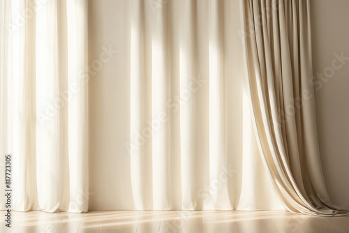Minimalistic abstract gentle light beige background for product presentation with light and shadow of window curtains on wall.
