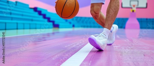 Closeup of an athletic basketball player dribbling fiercely on an indoor court, capturing the essence of competition and the excitement of the game photo