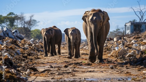 Indian Elephants Walk Through Garbage Dump Highlighting Environmental Issues