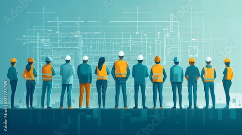 Illustration of a team meeting where the leader, wearing a safety helmet, directs the staff with a focus on structure and teamwork to succeed in their project 8K , high-resolution, ultra HD,up32K HD